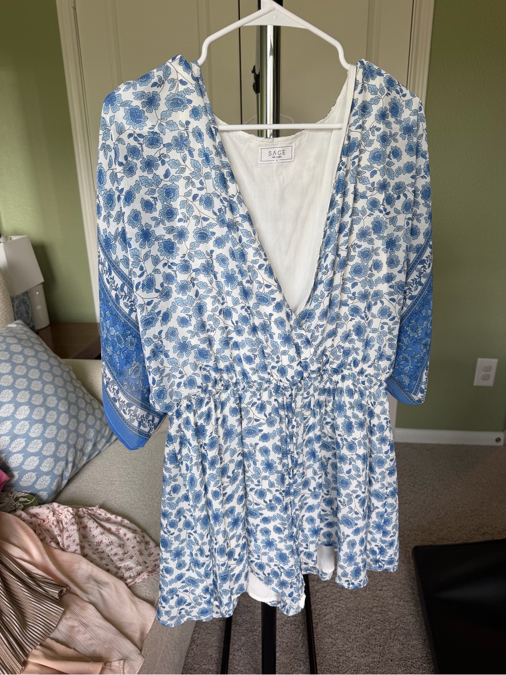 Sage Blue and White Floral romper